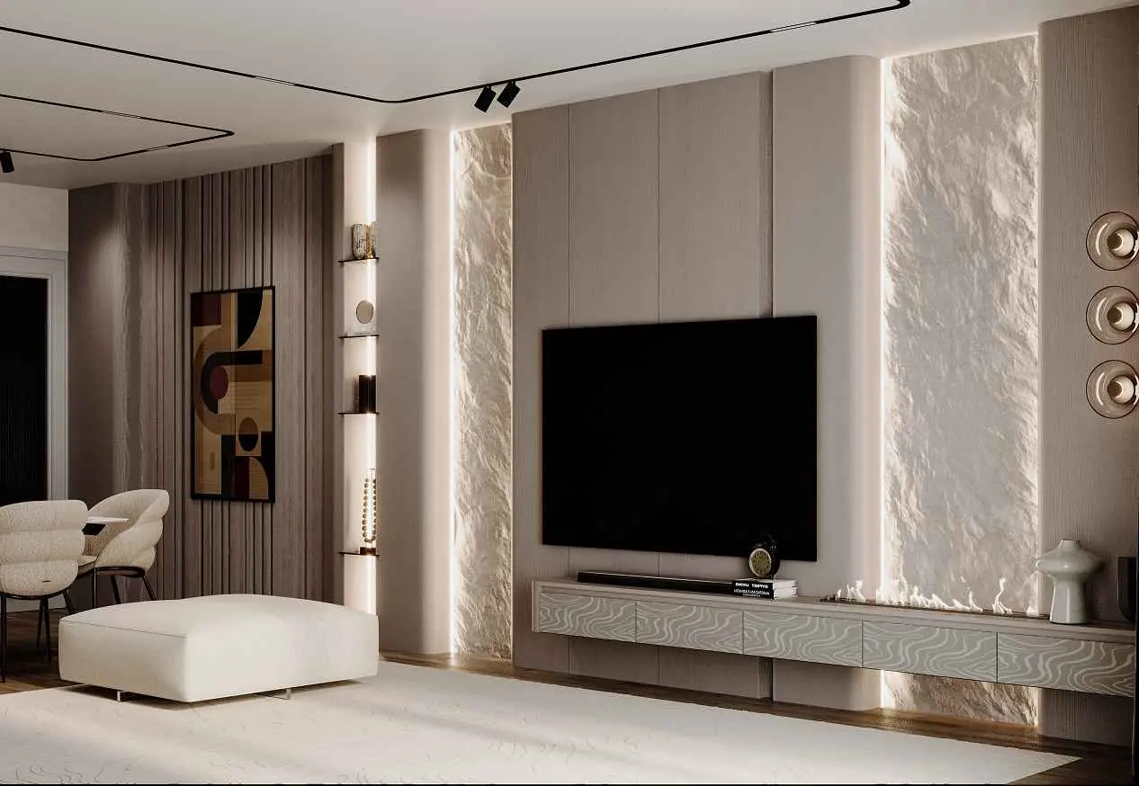 Living room with a textured wall and TV unit — Alyakent Villa, Bahçeşehir, Istanbul