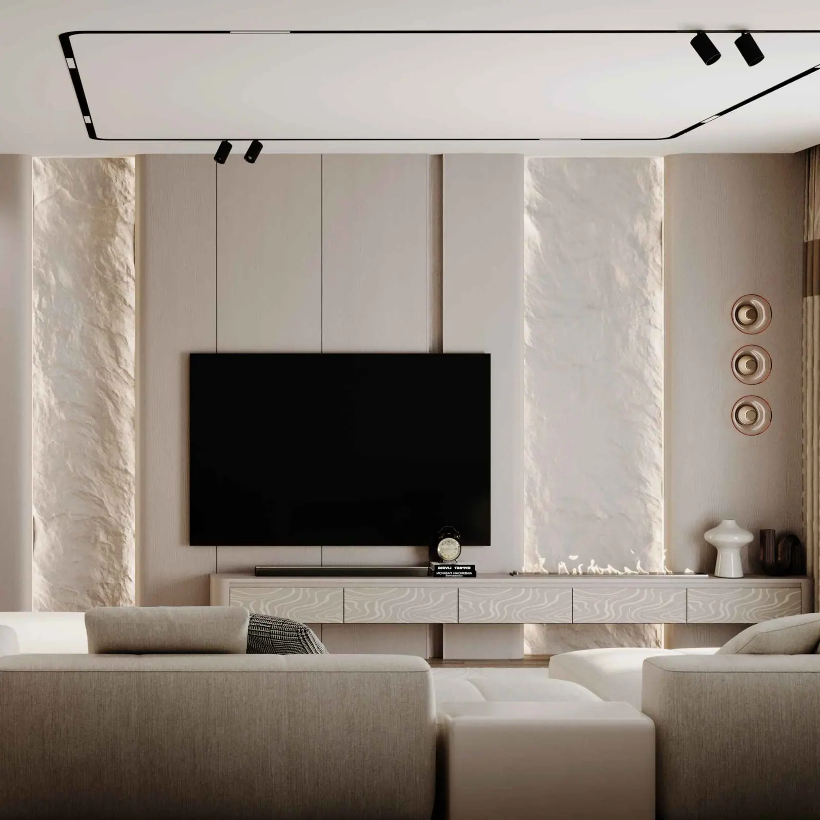 Plaster-textured TV wall — Alyakent Villa, Bahçeşehir, Istanbul