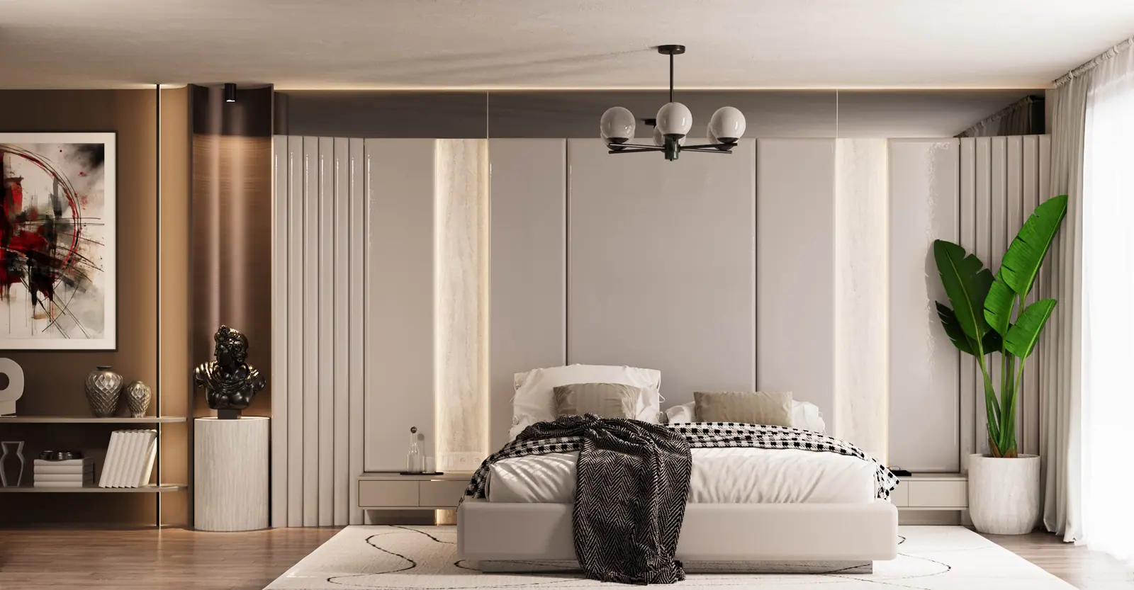Bedroom with a decorative chandelier — Demir Country, Beylikdüzü, Istanbul