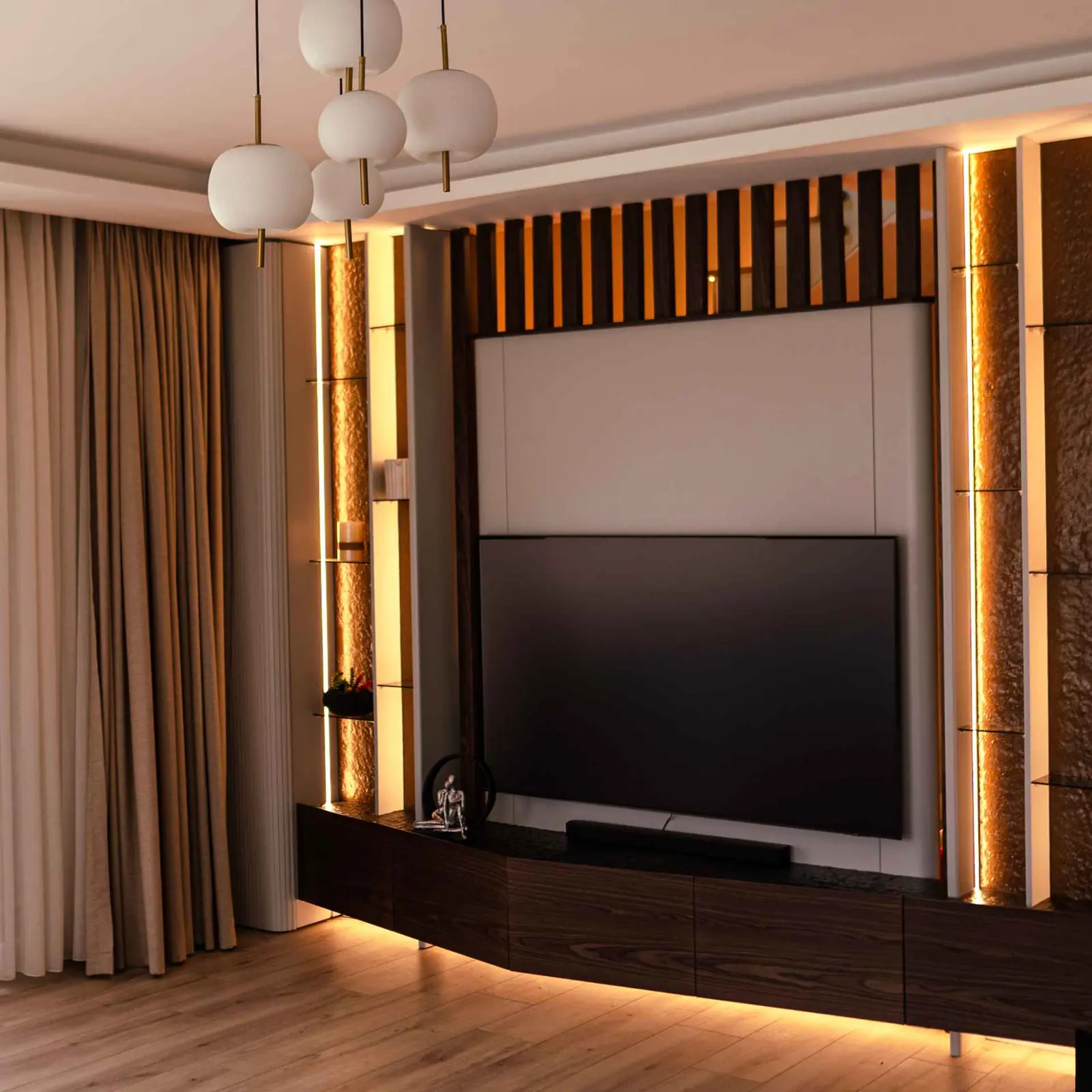 Slatted timber TV wall with integrated lighting — Kemer Roof 2, Göktürk, Istanbul