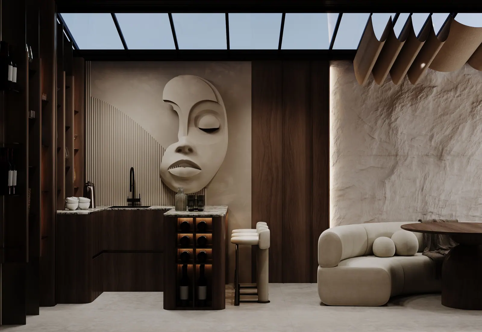 Sculpted face wall and bar area — Alyakent Winter Garden, Bahçeşehir, Istanbul