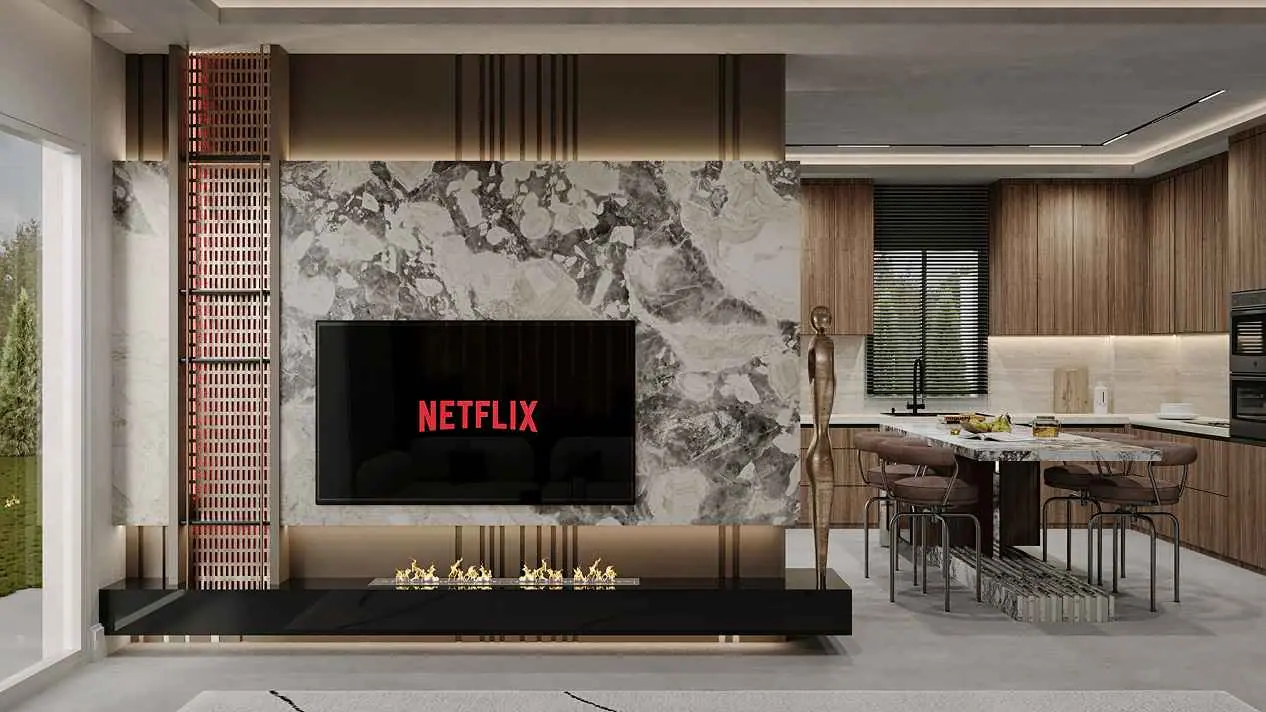 Marble TV wall, fireplace and open kitchen — Tepekent Villa, Büyükçekmece, Istanbul