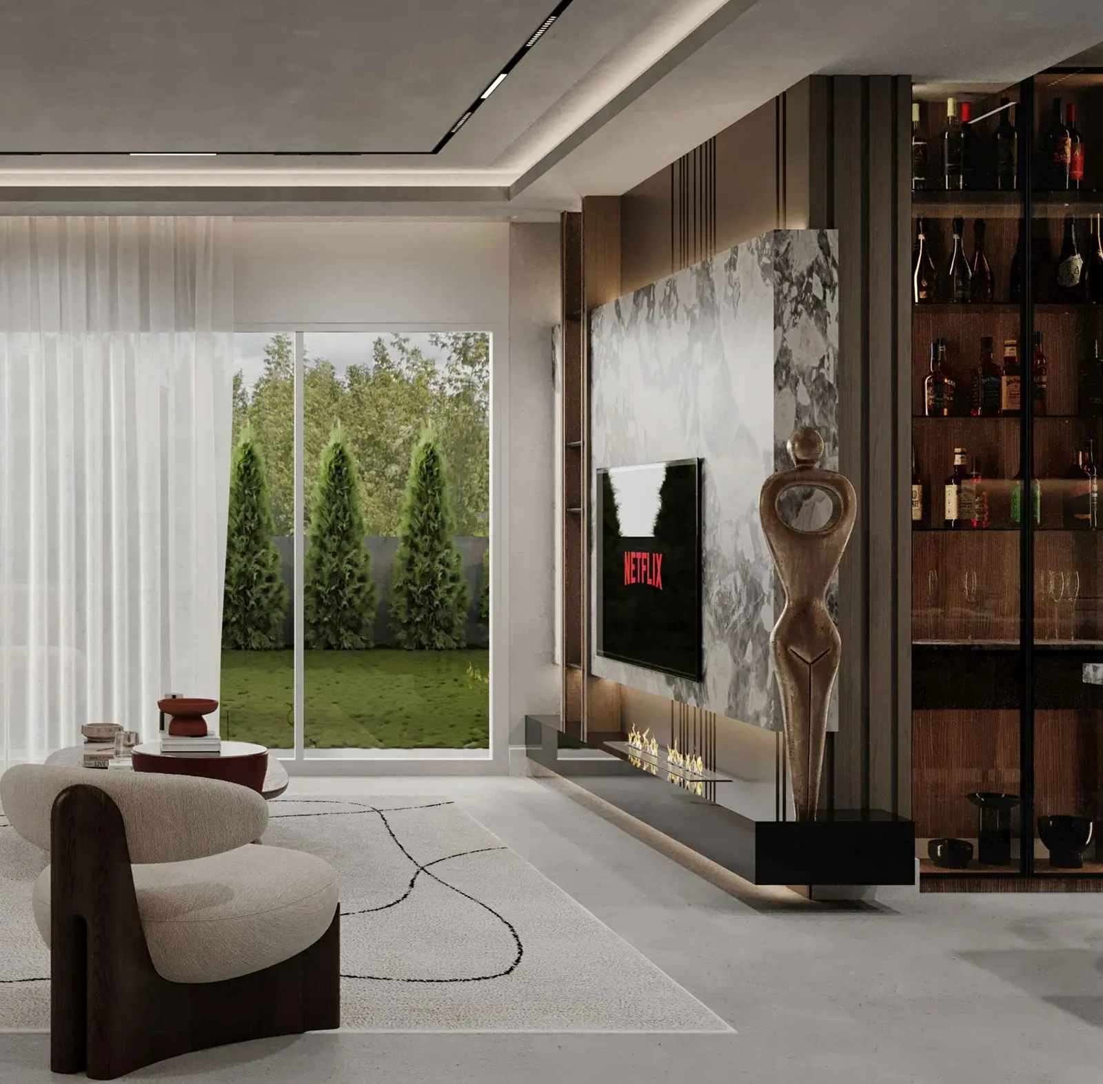 Living room with a garden view and marble wall — Tepekent Villa, Büyükçekmece, Istanbul